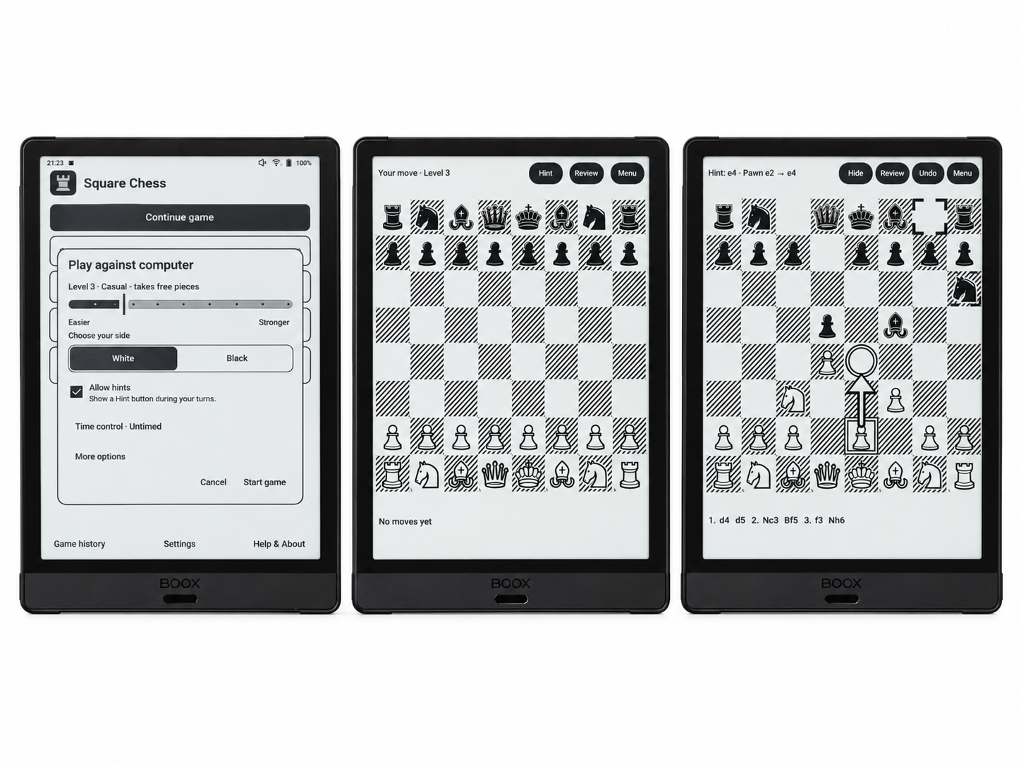 Square Chess running on an Onyx Boox E Ink tablet, showing setup, board view and hint mode
