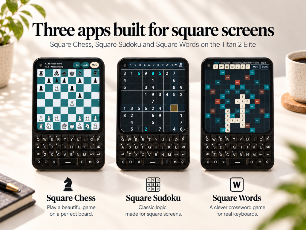 Square Chess, Square Sudoku and Square Words running in-game on the Unihertz Titan 2 Elite